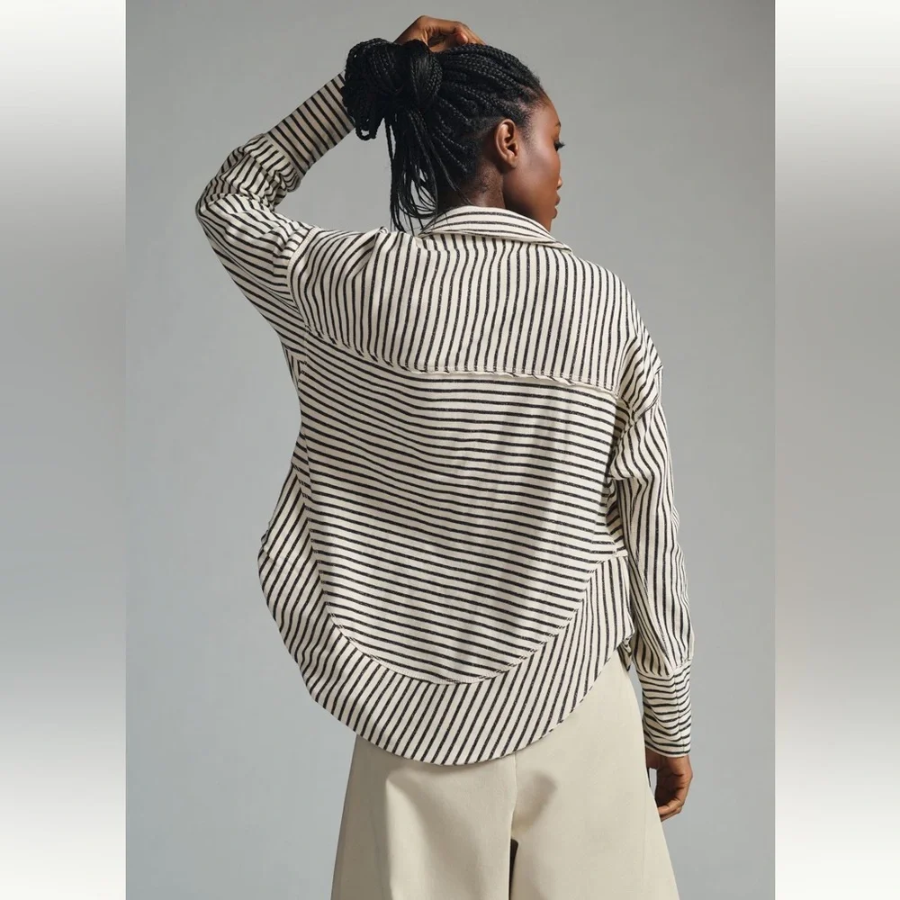 Pilcro Spliced Henley Top, ivory/black stripe, size medium - Picture 3 of 6